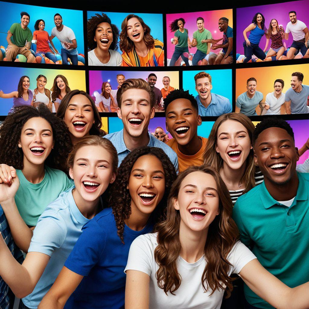 A lively digital scene depicting diverse individuals engaging in real-time cam shows, radiating joy and connection. Include a vibrant array of screens showcasing varied emotions and interactions, surrounded by colorful lights and playful graphics. Capture the essence of entertainment and community bonding in a warm, inviting atmosphere. super-realistic. vibrant colors. 3D.