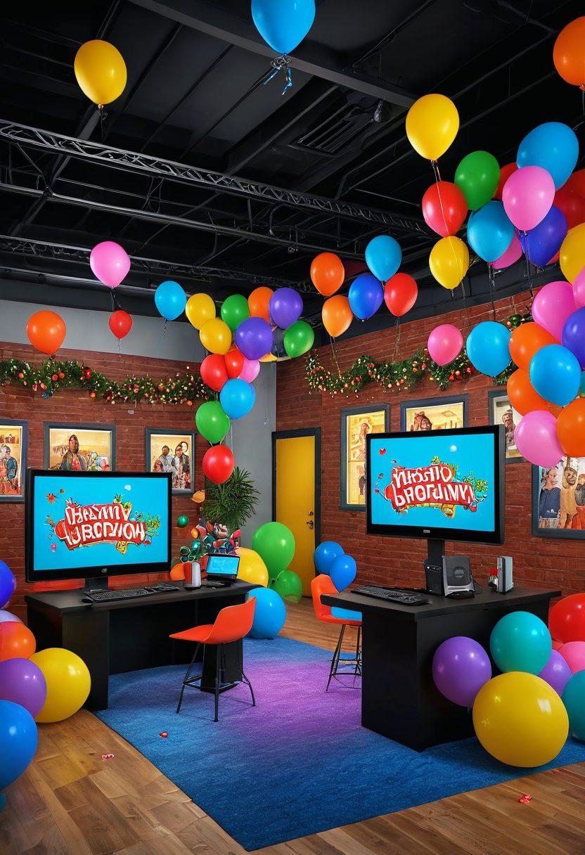 A vibrant, lively scene depicting a virtual entertainment studio filled with cheerful hosts engaging with an enthusiastic audience through webcams. Include colorful decorations, playful elements like balloons and streamers, and screens displaying happy viewers interacting. Capture the essence of joy, energy, and connection in this digital space. super-realistic. vibrant colors. 3D.