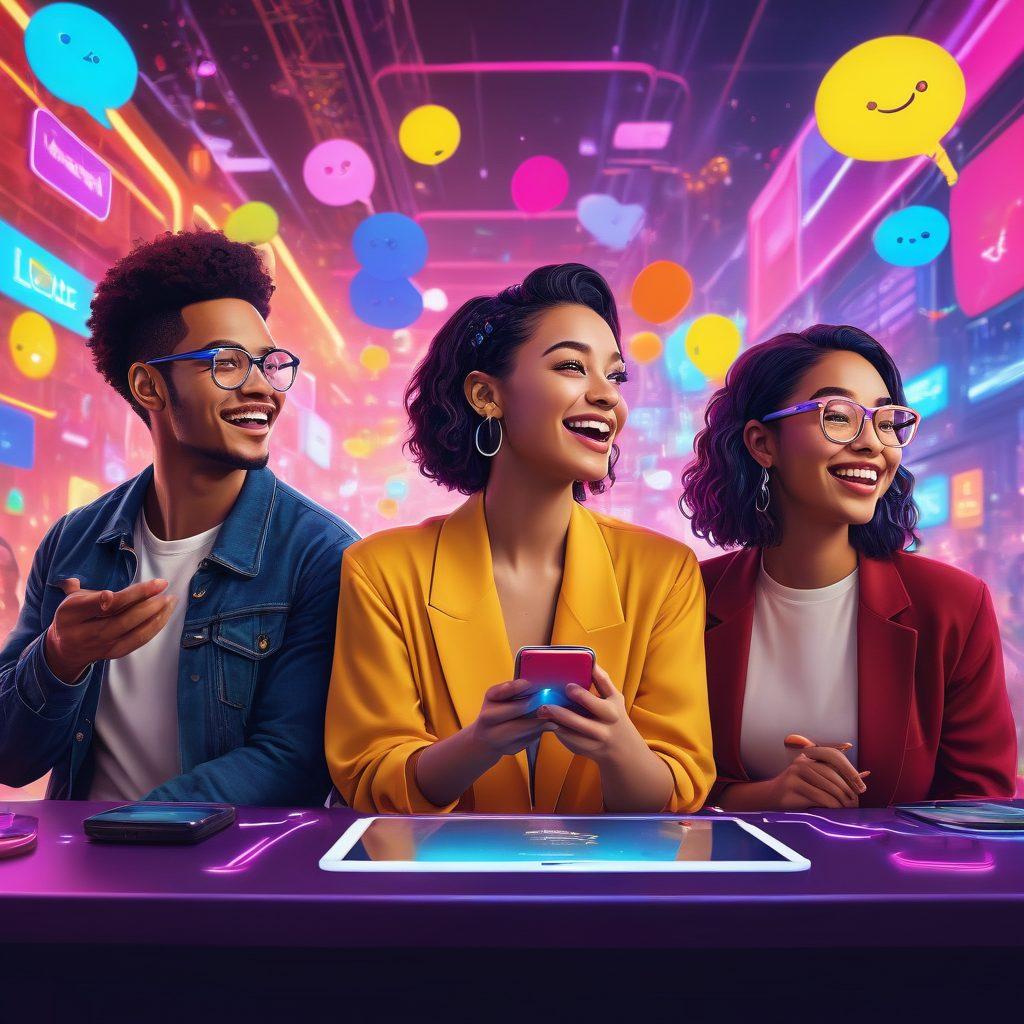 A vibrant digital landscape showcasing adults engaging in live streaming through various devices, filled with cheerful expressions, colorful chat bubbles, and interactive elements. The background features a blend of bright neon lights and a virtual stage atmosphere, representing the evolution of online interactions. Include diverse participants from different cultures to emphasize inclusivity and fun. 3D. vibrant colors. cyberpunk.